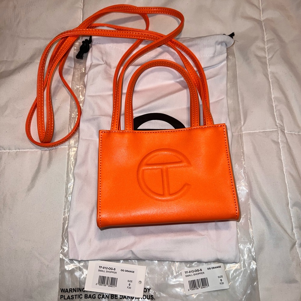 Telfar OG Orange mini shopper. Sold out online.